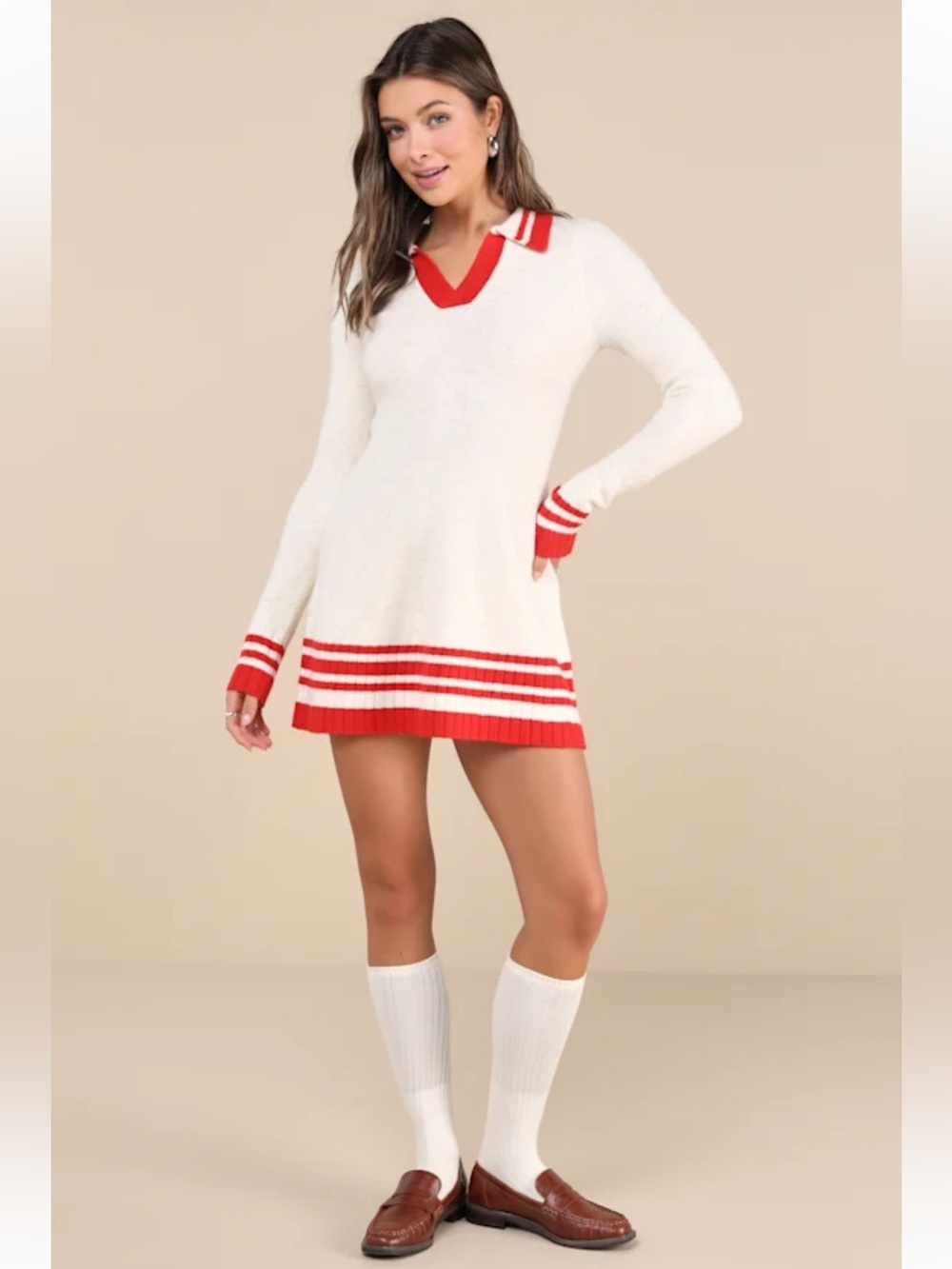 Lulus Soft Serenity Heather Ivory and Red Collared Sweater Mini Dress
